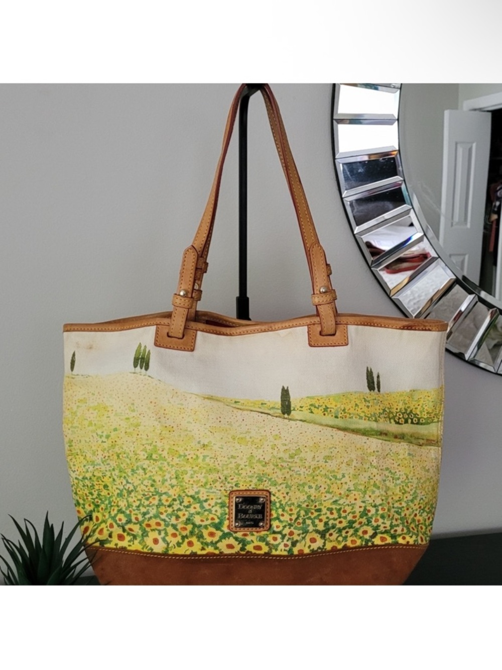 Dooney & Bourke Yellow Floral Field Print Tote with Tan Trim